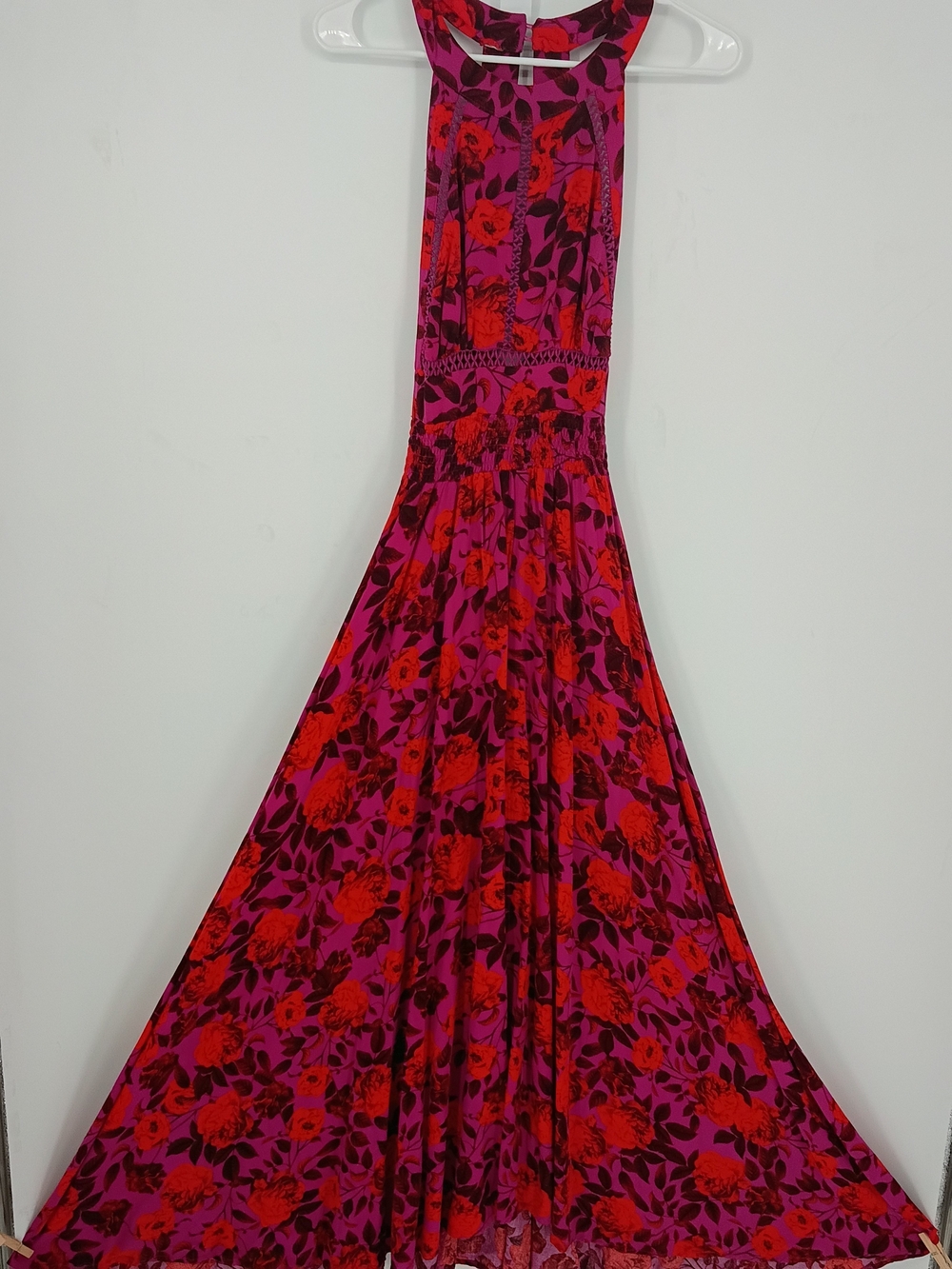 Floral Fuchsia & Red Sleeveless Maxi Dress with Smocked Waist